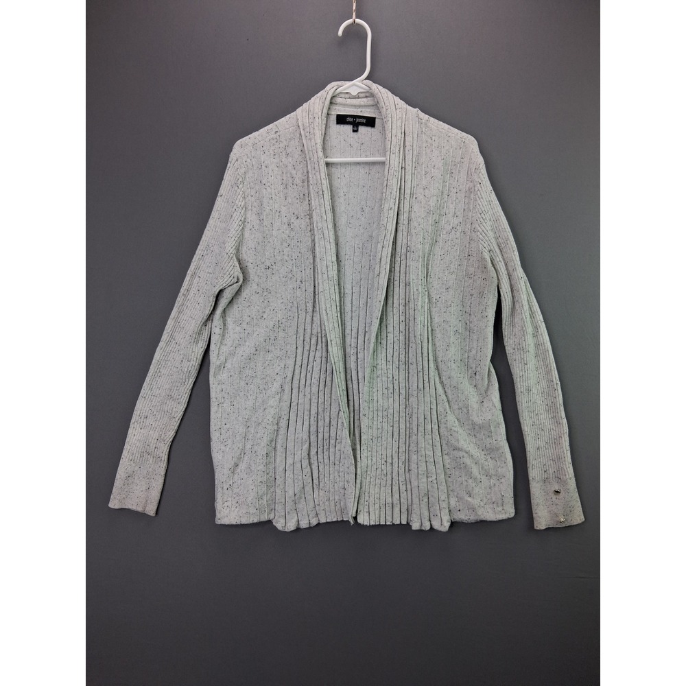 Chloe + Jasmine Cardigan Sweater Ribbed Shawl Collar L Gray Speckled Gold Button